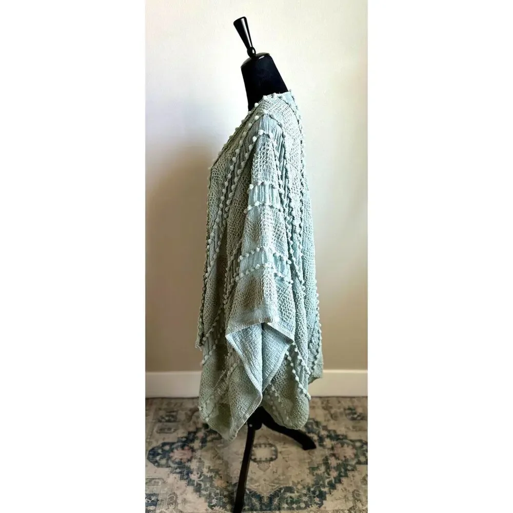 SAACHI Textured Pom Pom Kimono Wrap in Sage Green One Size